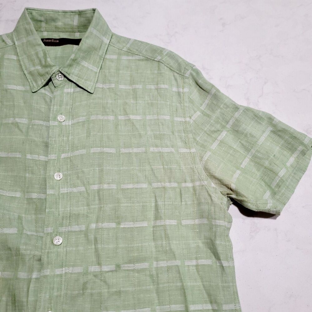 Perry Ellis Linen Blend Shirt Mens Medium Green Plaid Short Sleeve EUC